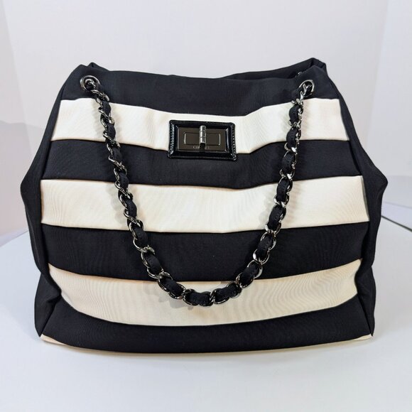 Chanel Black and White Striped Fabric Shopping Tote - Picture 3 of 16